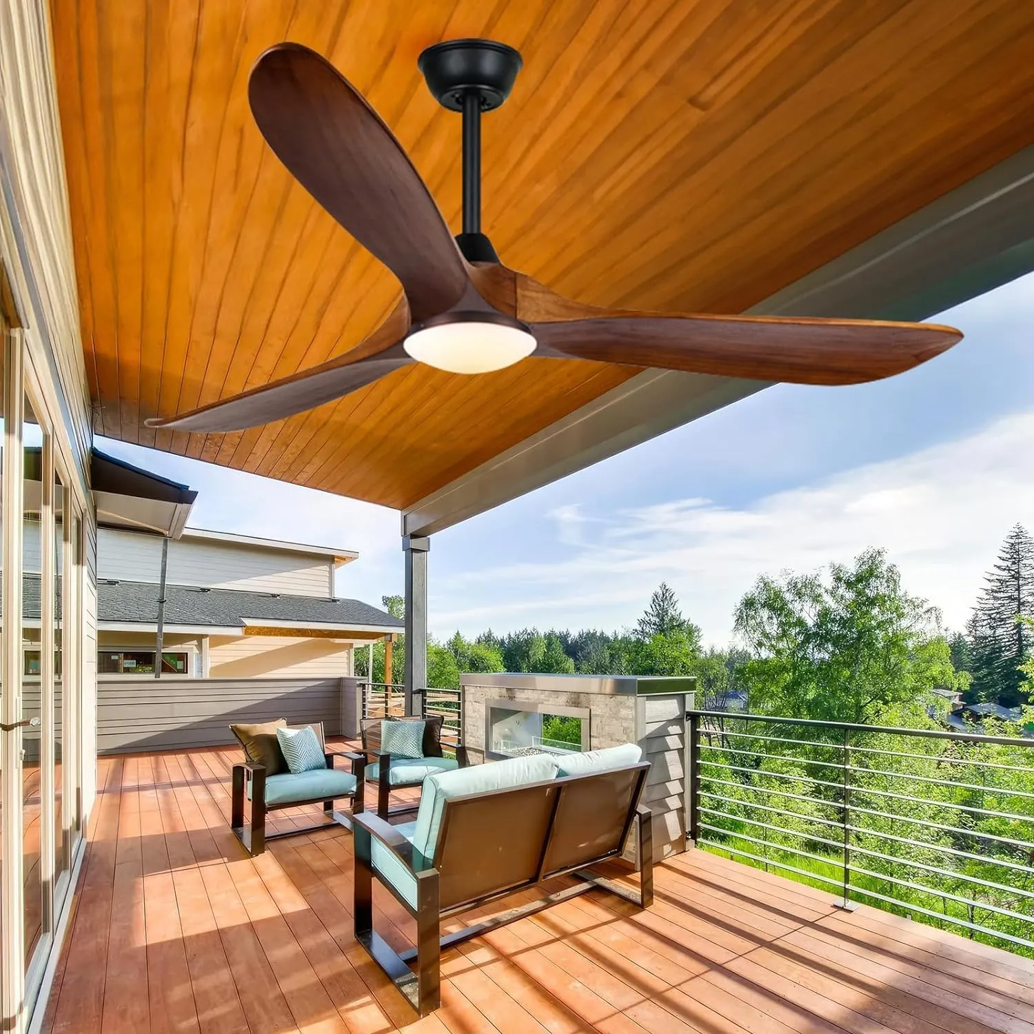 60 Inch Outdoor Ceiling Fan with Light and Remote, Rustic Farmhouse Ceiling Fan with Lights, 3 Blades Wood Ceiling Fan Large Damp Rated Indoor Outdoor Ceiling Fan for Exterior House Porch Gazebo