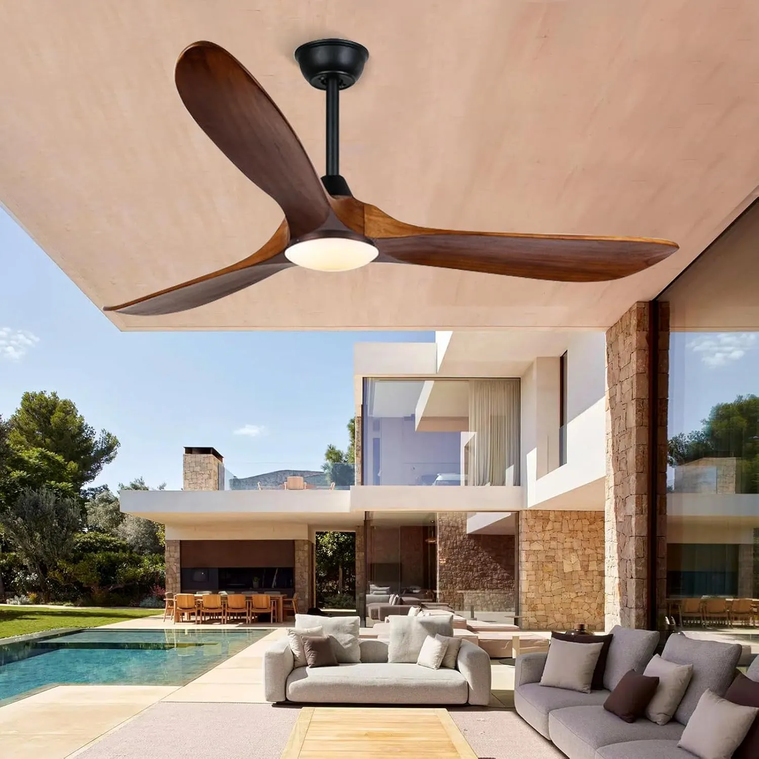 60 Inch Outdoor Ceiling Fan with Light and Remote, Rustic Farmhouse Ceiling Fan with Lights, 3 Blades Wood Ceiling Fan Large Damp Rated Indoor Outdoor Ceiling Fan for Exterior House Porch Gazebo Fan with safety blade design