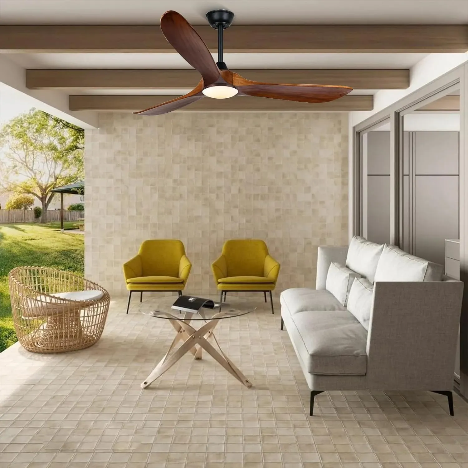 60 Inch Outdoor Ceiling Fan with Light and Remote, Rustic Farmhouse Ceiling Fan with Lights, 3 Blades Wood Ceiling Fan Large Damp Rated Indoor Outdoor Ceiling Fan for Exterior House Porch Gazebo