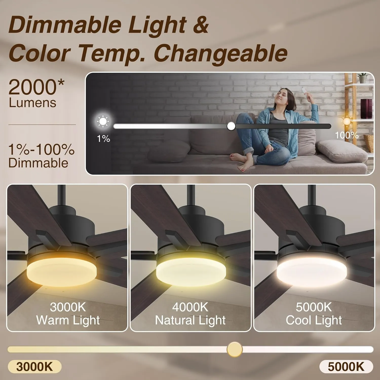 60 Inch Smart Ceiling Fan with Lights Remote,Control via Alexa Google Voice App WiFi,Quiet DC Motor,Dimmable,Outdoor Indoor Modern Ceiling Fans for Large Bedroom Patio Porch,Brown Black Walnut
