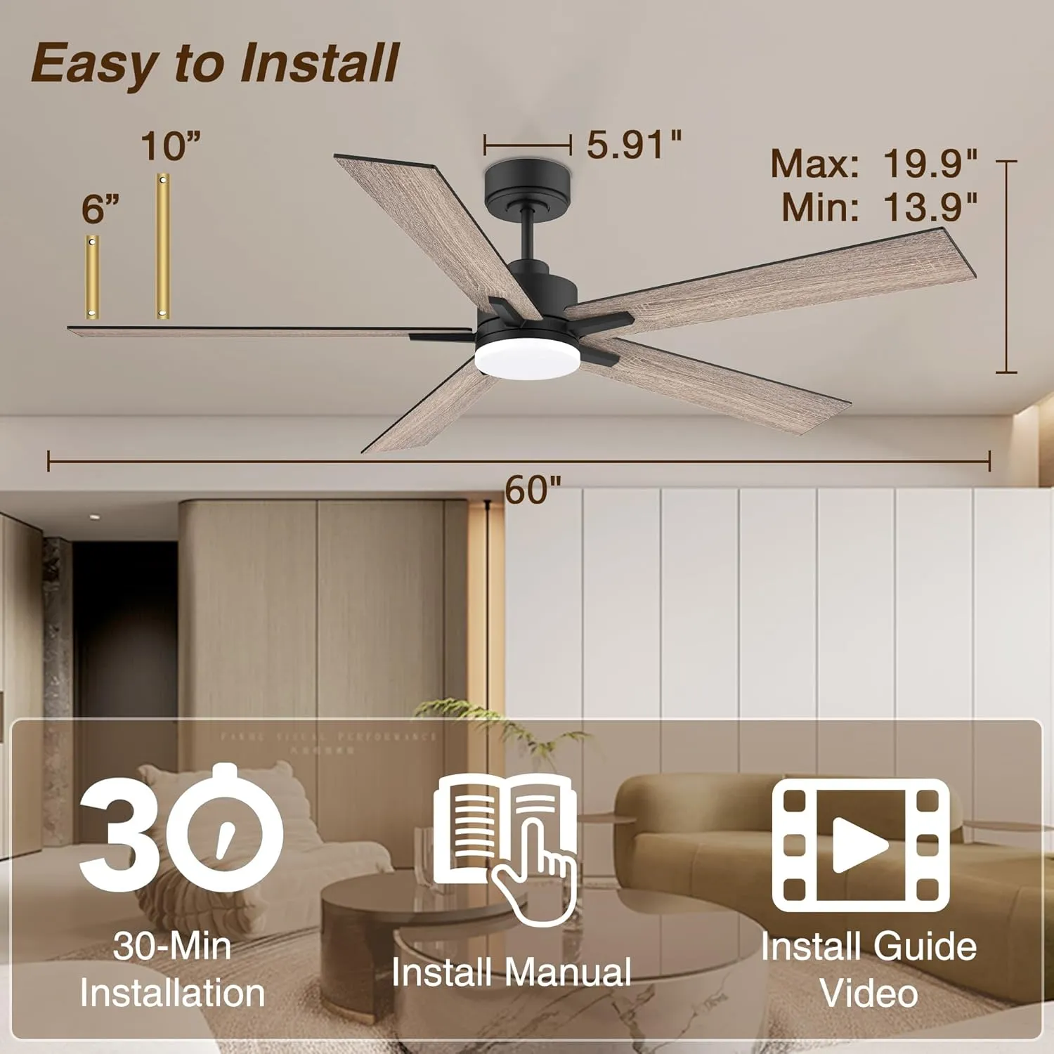 60 Inch Smart Ceiling Fan with Lights Remote,Control via Alexa Google Voice App WiFi,Quiet DC Motor,Dimmable,Outdoor Indoor Modern Ceiling Fans for Large Bedroom Patio Porch,Brown Black Walnut