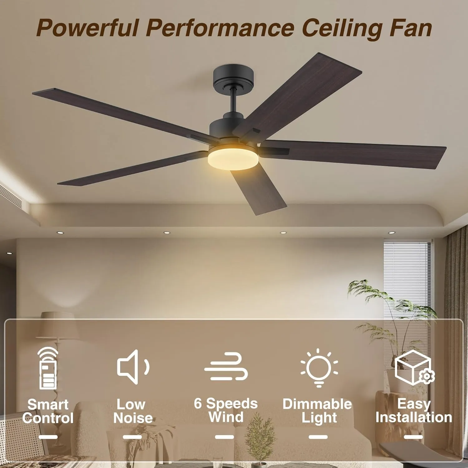 60 Inch Smart Ceiling Fan with Lights Remote,Control via Alexa Google Voice App WiFi,Quiet DC Motor,Dimmable,Outdoor Indoor Modern Ceiling Fans for Large Bedroom Patio Porch,Brown Black Walnut