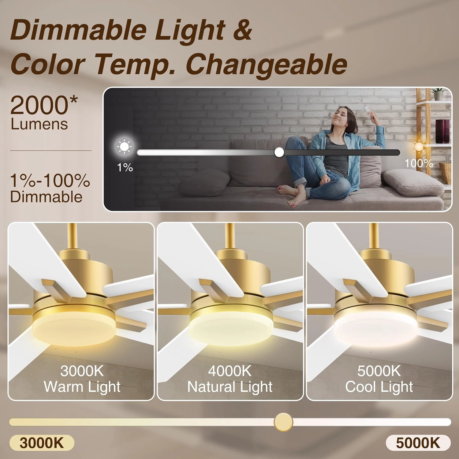 60" Smart Ceiling Fan with Lights Remote,Control via Alexa Google Voice App Wifi,Quiet DC Motor,Dimmable,Outdoor Indoor Modern Ceiling Fans for Large Bedroom Living Room Patio Porch,Gold Black White