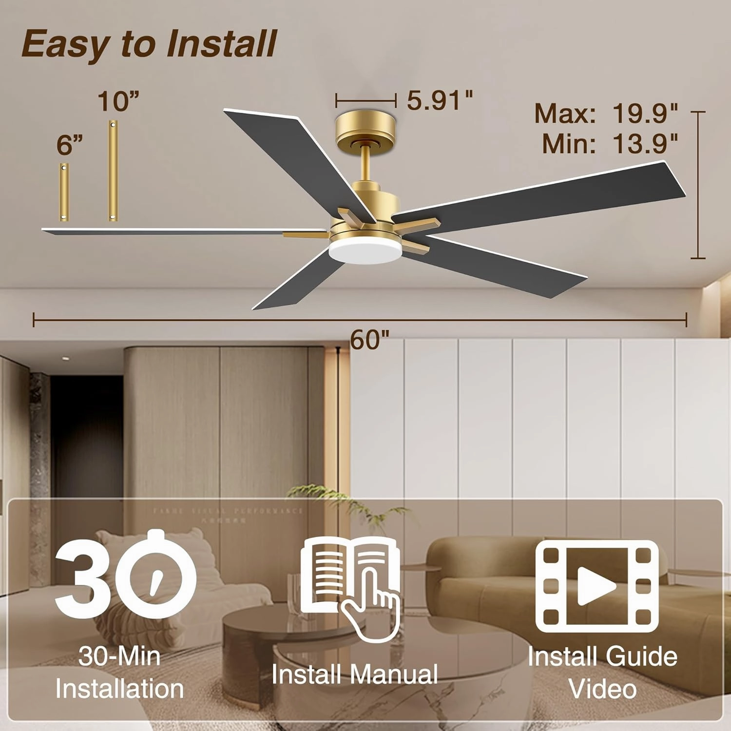 60" Smart Ceiling Fan with Lights Remote,Control via Alexa Google Voice App Wifi,Quiet DC Motor,Dimmable,Outdoor Indoor Modern Ceiling Fans for Large Bedroom Living Room Patio Porch,Gold Black White
