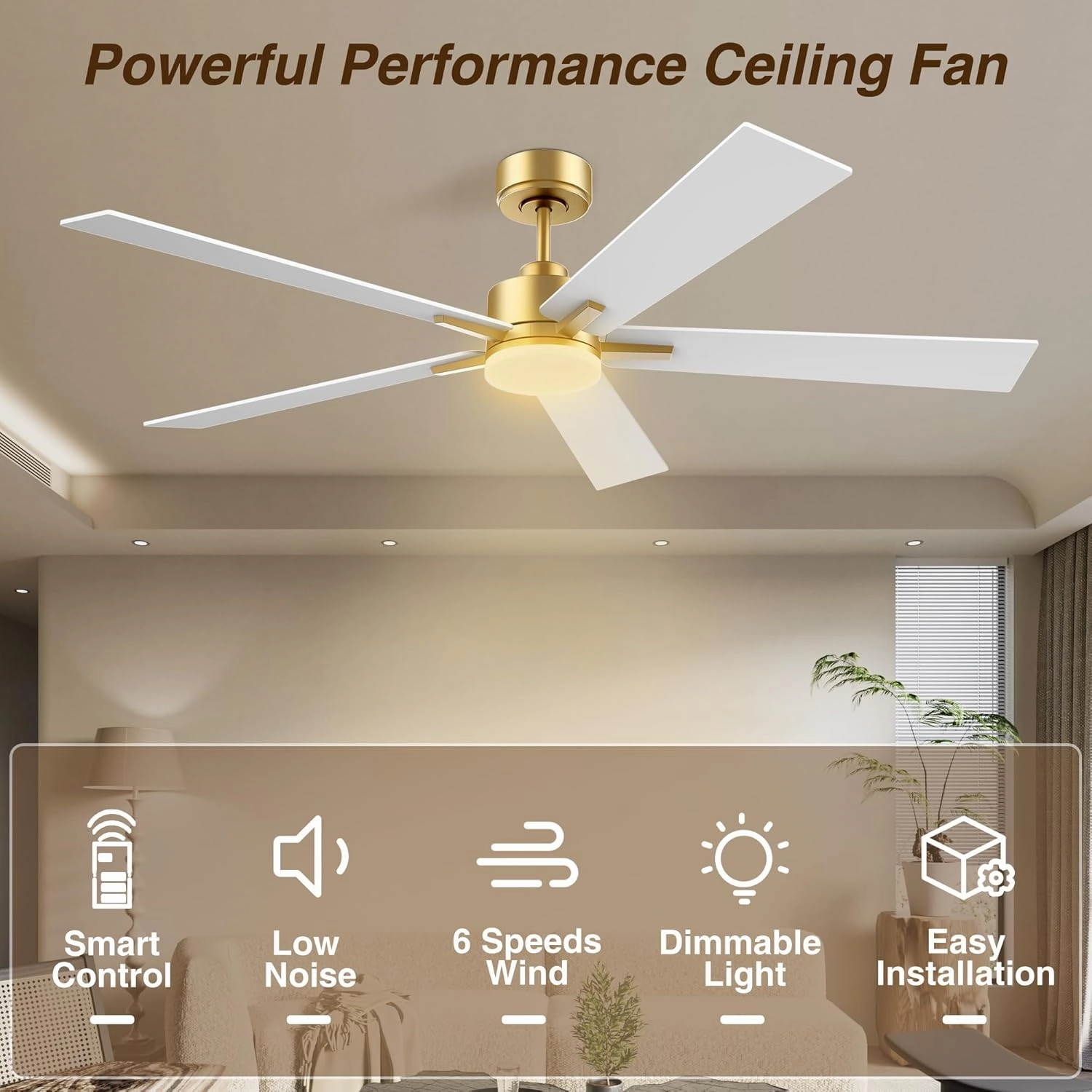 60" Smart Ceiling Fan with Lights Remote,Control via Alexa Google Voice App Wifi,Quiet DC Motor,Dimmable,Outdoor Indoor Modern Ceiling Fans for Large Bedroom Living Room Patio Porch,Gold Black White