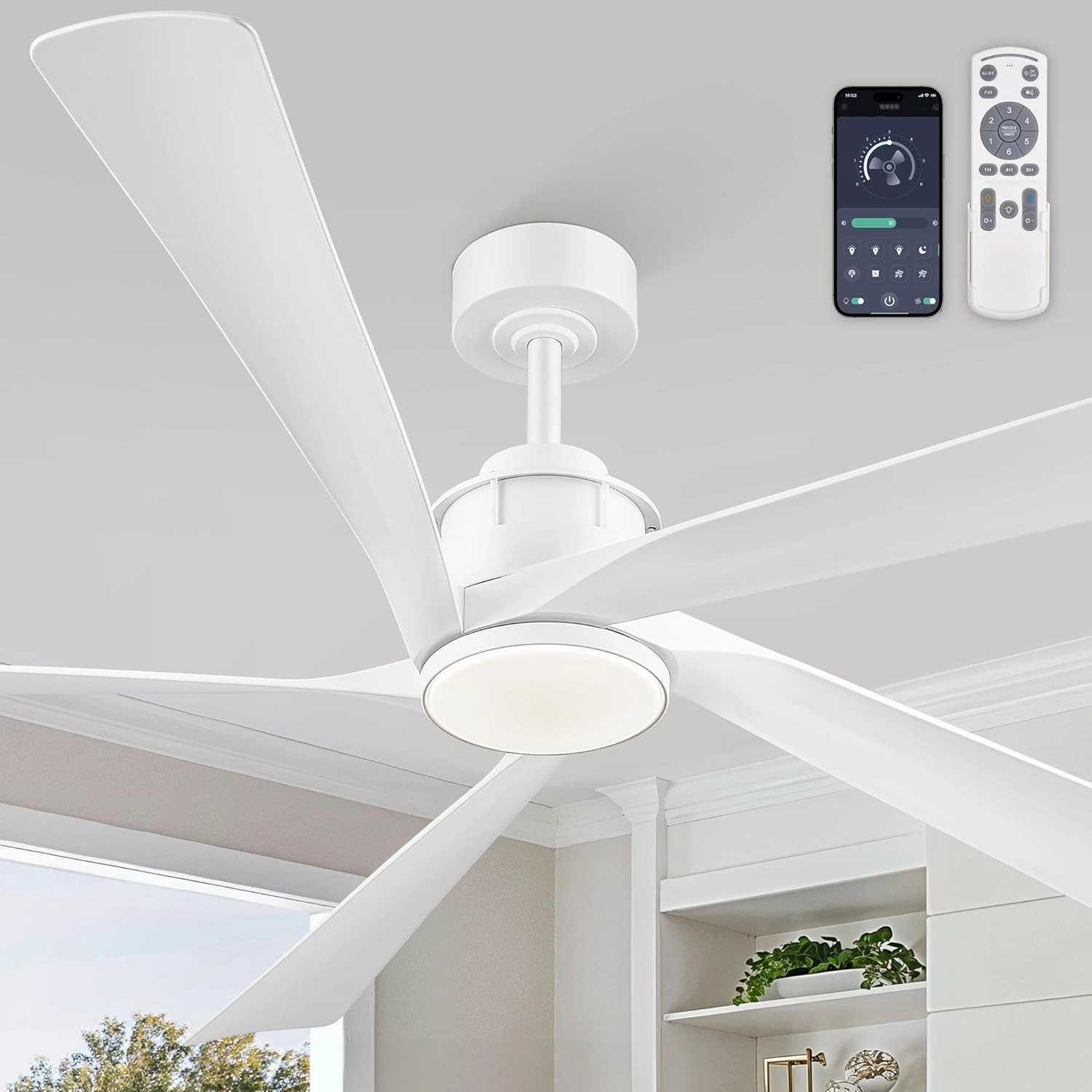 64 Inch Ceiling Fans with Lights and Remote,Smart Ceiling Fan with APP Control,Reversible DC Motor,Dimmable,5 ABS Blades,White Indoor/Outdoor Modern Low Profile Ceiling Fan with Light App-controlled remote fan for convenience