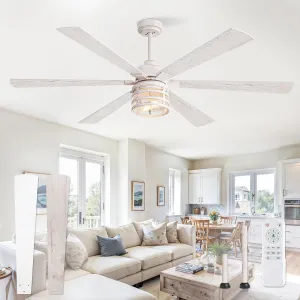 65 Inch Modern Ceiling Fans with Lights and Remote,Farmhouse Large Ceiling Fan with 6-Speed Reversible DC Motor and 6 Dual Finish Blades,White Ceiling Fan with Light for Living Bedroom Patio Fan with safety blade design