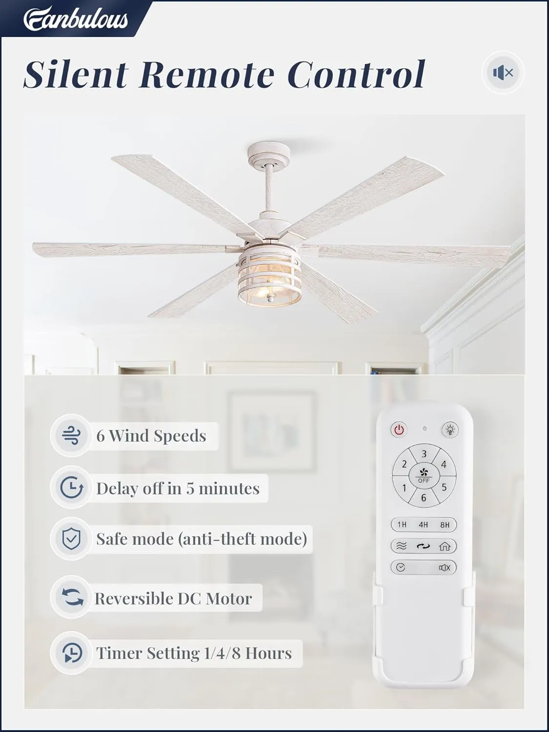 65 Inch Modern Ceiling Fans with Lights and Remote,Farmhouse Large Ceiling Fan with 6-Speed Reversible DC Motor and 6 Dual Finish Blades,White Ceiling Fan with Light for Living Bedroom Patio