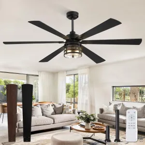65" Farmhouse Ceiling Fans with Lights and Remote,Industrial Large Ceiling Fan with 6-Speed Reversible DC Motor and 6 Dual Finish Blades,Black Ceiling Fan with Light for Living bedroom Patio Fan with safety blade design