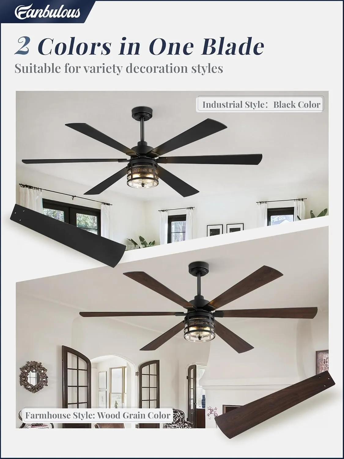 65" Farmhouse Ceiling Fans with Lights and Remote,Industrial Large Ceiling Fan with 6-Speed Reversible DC Motor and 6 Dual Finish Blades,Black Ceiling Fan with Light for Living bedroom Patio