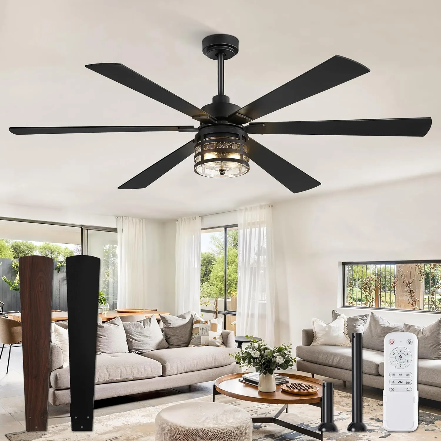 65" Farmhouse Ceiling Fans with Lights and Remote,Industrial Large Ceiling Fan with 6-Speed Reversible DC Motor and 6 Dual Finish Blades,Black Ceiling Fan with Light for Living bedroom Patio Fan with safety blade design