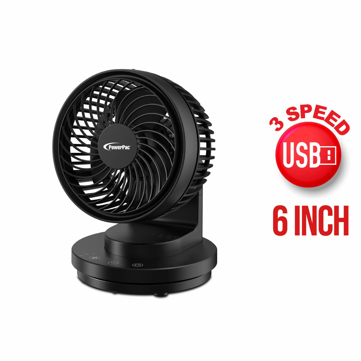 6" USB Portable Desk Fan  Air Circulator, 3 Speeds, Oscillation, 90-degree Tilt Adjustable, PPUF237 Black