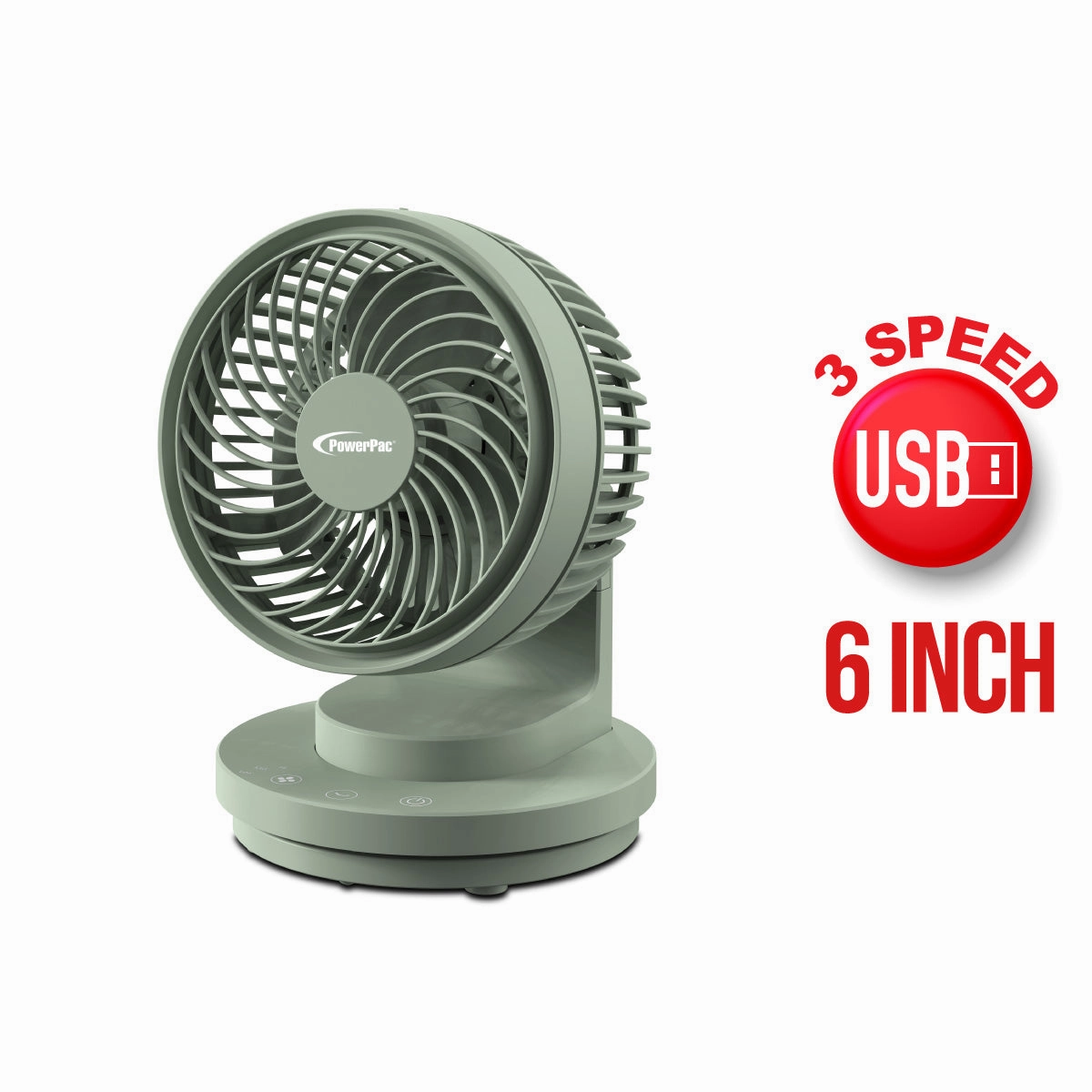 6" USB Portable Desk Fan  Air Circulator, 3 Speeds, Oscillation, 90-degree Tilt Adjustable, PPUF237 Green