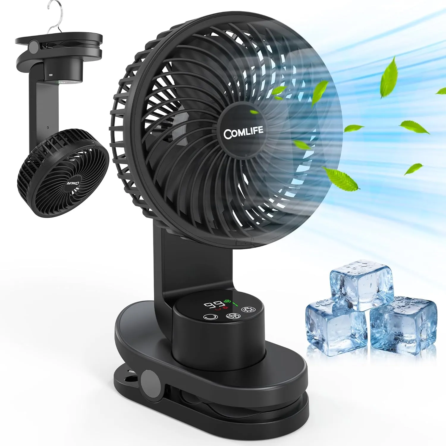 6Inch Clip On Table Fan with Light, Rechargeable Battery Operated, 9 Speed, Max 30Hrs Cooling, Digital Display, Auto Oscillation Desktop Fan with Sturdy Clamp & Hooks for Home Office Outdoor Camping Octopus-shaped decorative fan