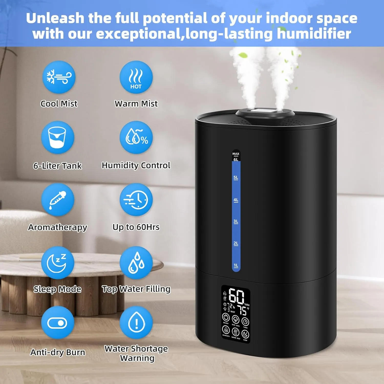 6L Humidifiers for Bedroom Large Room Home, Cool and Warm Humidifier for Plants Mist Top Fill Desk Humidifier Essential Oil Diffuser, Quiet Humidifiers with Adjustable Mist,360Nozzle-Midnight Black