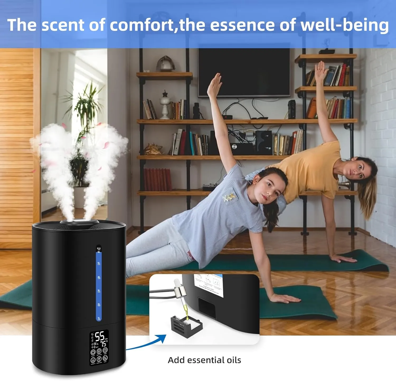 6L Humidifiers for Bedroom Large Room Home, Cool and Warm Humidifier for Plants Mist Top Fill Desk Humidifier Essential Oil Diffuser, Quiet Humidifiers with Adjustable Mist,360Nozzle-Midnight Black