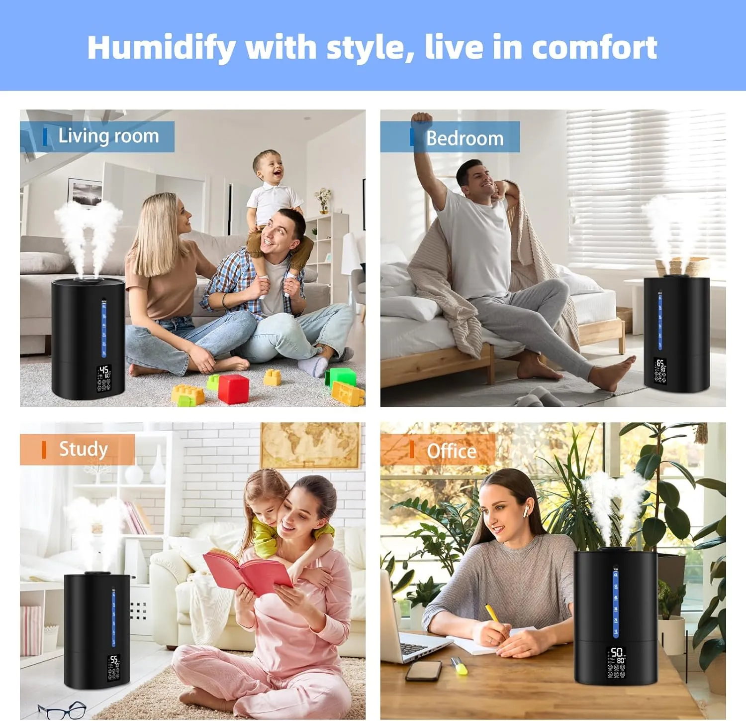 6L Humidifiers for Bedroom Large Room Home, Cool and Warm Humidifier for Plants Mist Top Fill Desk Humidifier Essential Oil Diffuser, Quiet Humidifiers with Adjustable Mist,360Nozzle-Midnight Black
