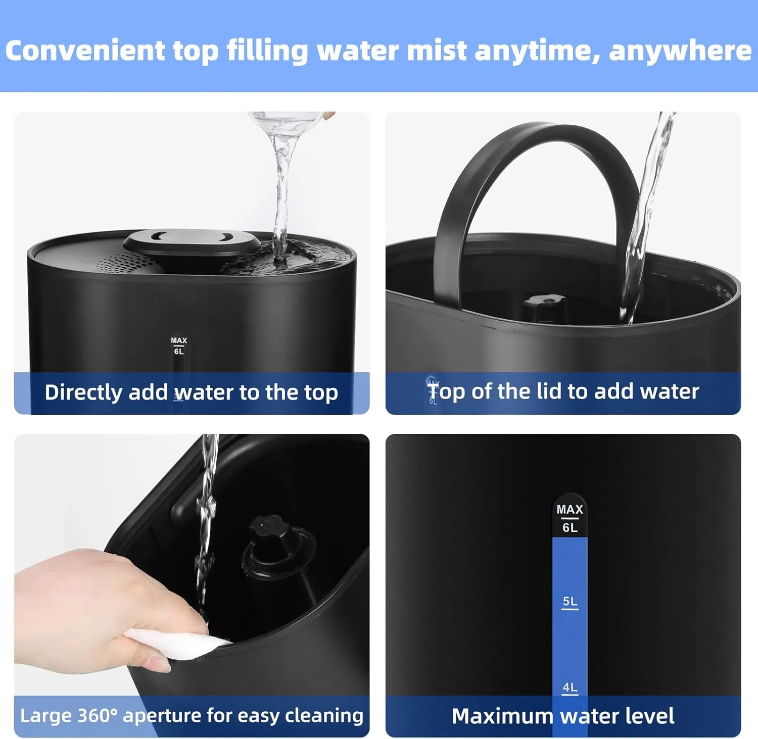 6L Humidifiers for Bedroom Large Room Home, Cool and Warm Humidifier for Plants Mist Top Fill Desk Humidifier Essential Oil Diffuser, Quiet Humidifiers with Adjustable Mist,360Nozzle-Midnight Black