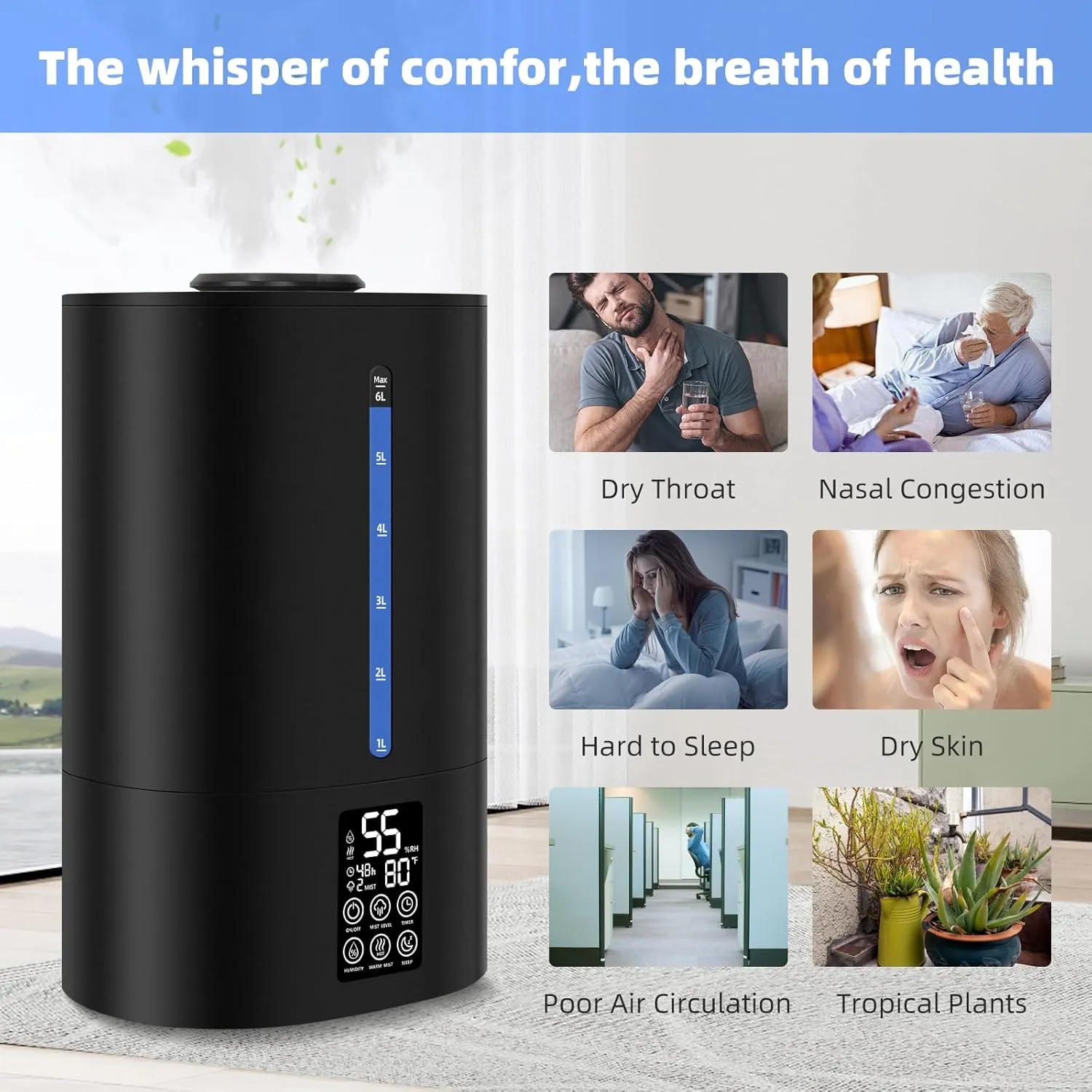 6L Humidifiers for Bedroom Large Room Home, Cool and Warm Humidifier for Plants Mist Top Fill Desk Humidifier Essential Oil Diffuser, Quiet Humidifiers with Adjustable Mist,360Nozzle-Midnight Black
