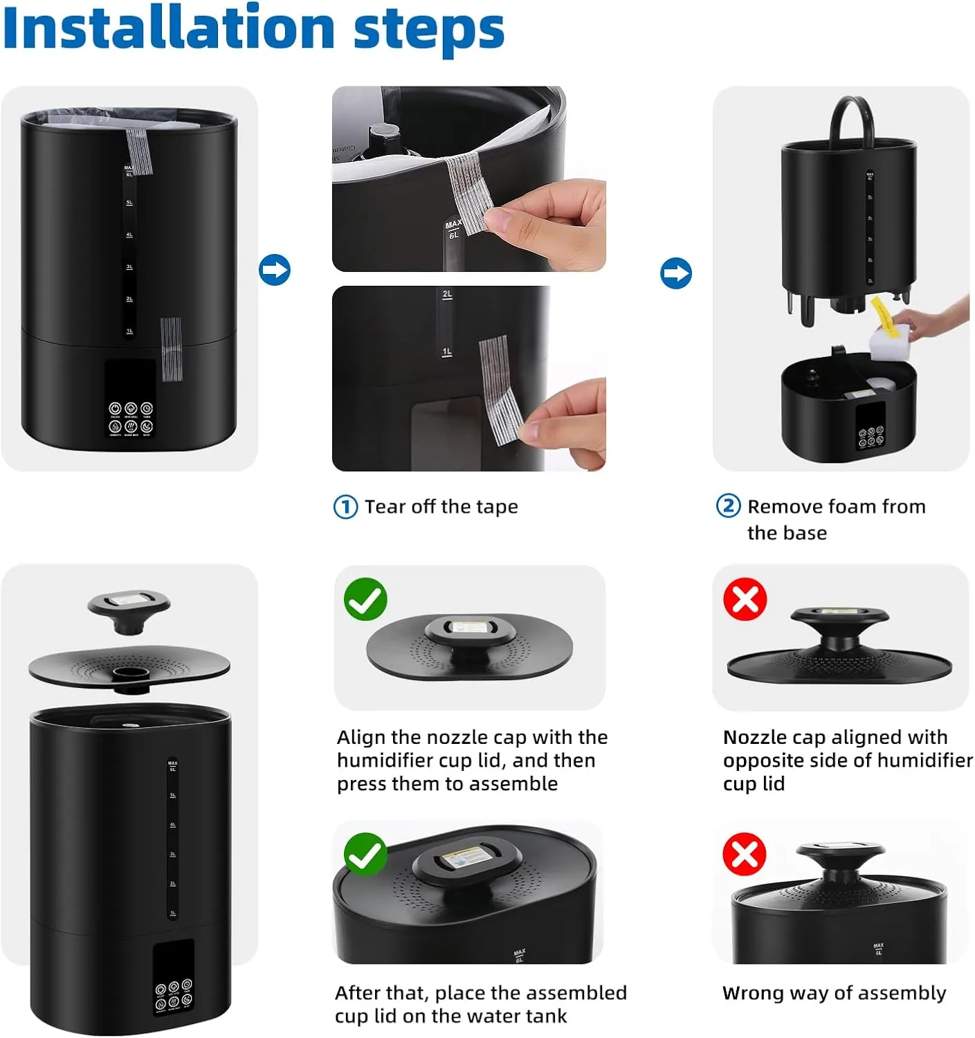 6L Humidifiers for Bedroom Large Room Home, Cool and Warm Humidifier for Plants Mist Top Fill Desk Humidifier Essential Oil Diffuser, Quiet Humidifiers with Adjustable Mist,360Nozzle-Midnight Black