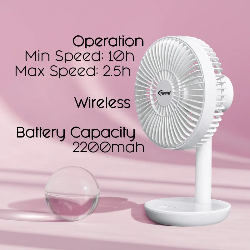 6" USB Foldable Portable Wireless Rechargeable Fan  4 Speed, Foldable Stand Fan, 2200 mAh Battery, PPUF227 White