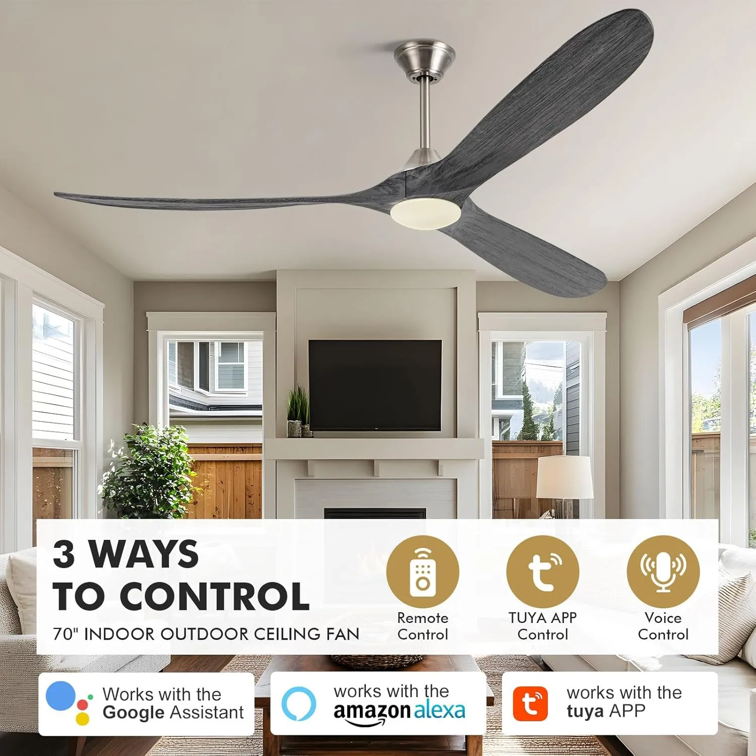 70 Inch Large Outdoor Ceiling Fans for Patios with Light, Modern Wood Alexa Smart Ceiling Fan with App/Voice/Remote Control, Quiet Energy Efficient DC Ceiling Fan for Home/Commercial, Indoor/Outside