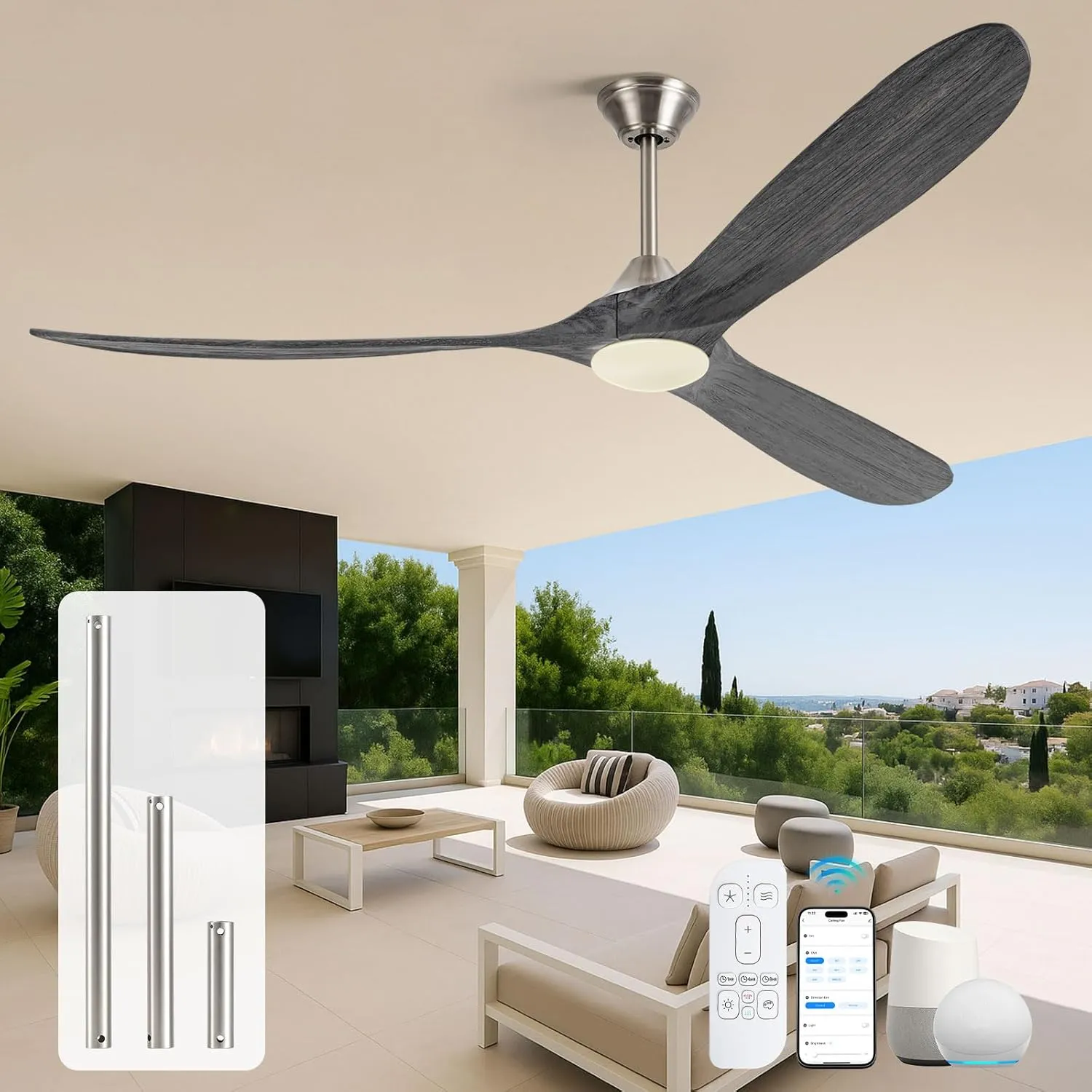 70 Inch Large Outdoor Ceiling Fans for Patios with Light, Modern Wood Alexa Smart Ceiling Fan with App/Voice/Remote Control, Quiet Energy Efficient DC Ceiling Fan for Home/Commercial, Indoor/Outside App-controlled remote fan for convenience