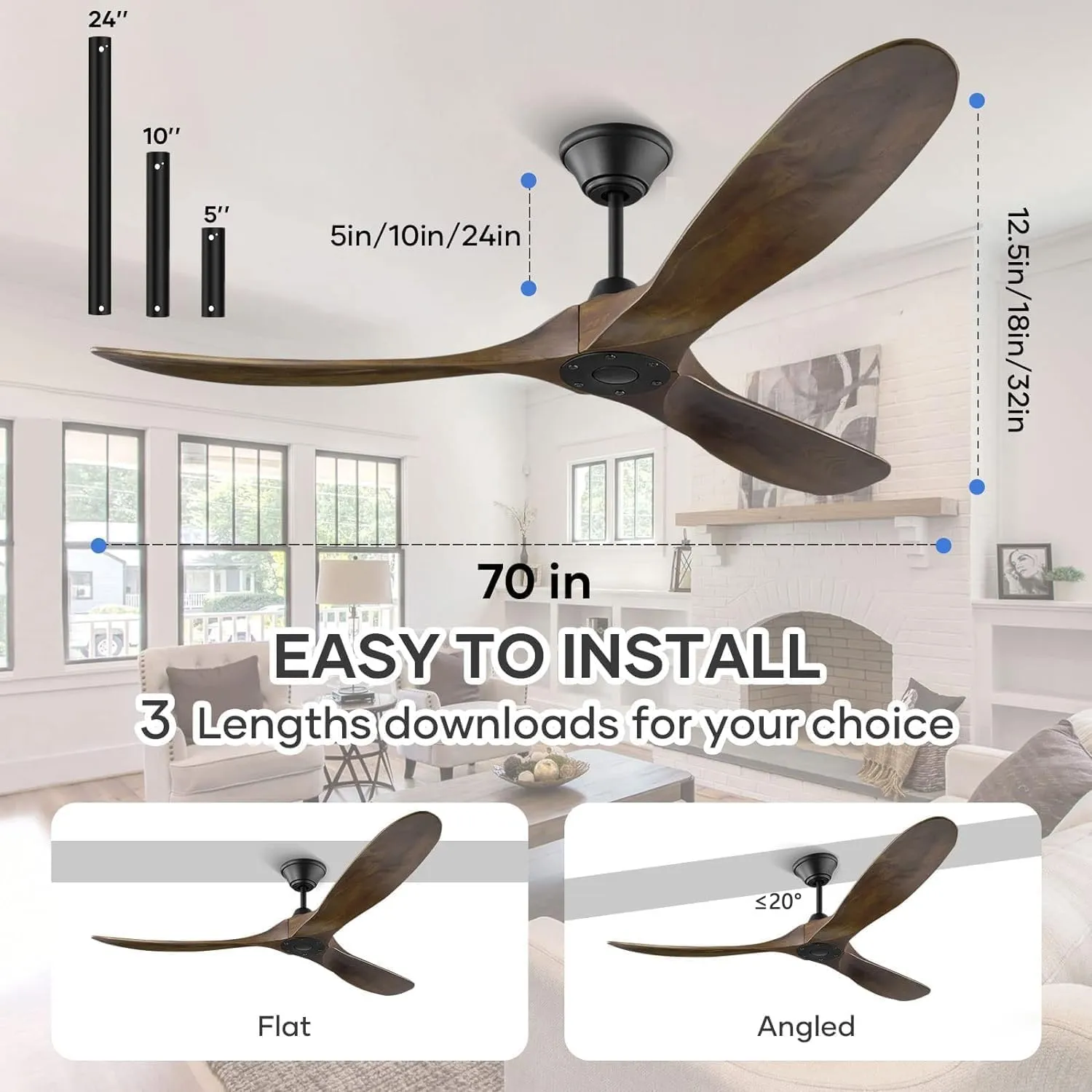70'' Large Wood Ceiling Fan Without Light, Farmhouse Outdoor Ceiling Fans for Patio with Remote Reversible DC Motor, 3 Blade Solid Wood Propeller Ceiling Fan for Gazebo Porch