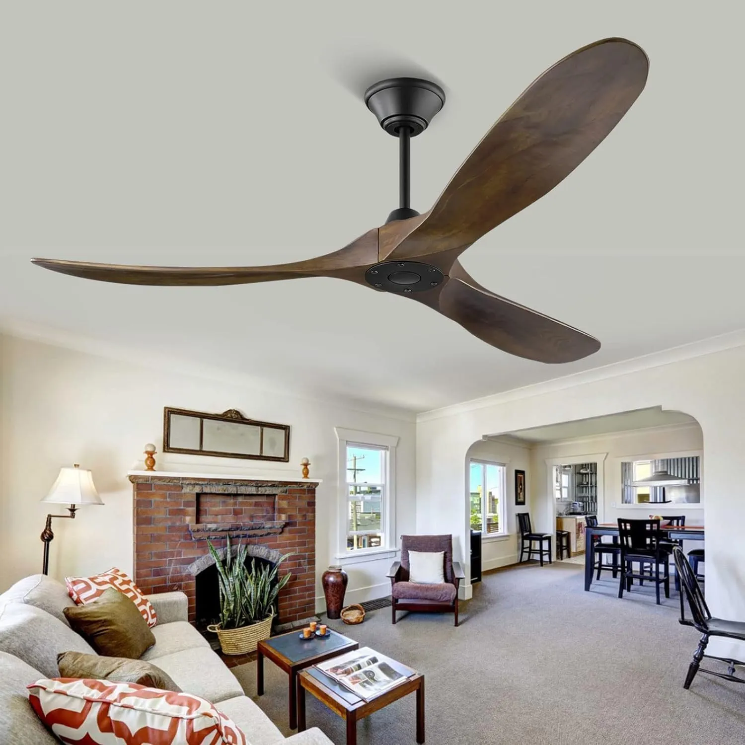 70'' Large Wood Ceiling Fan Without Light, Farmhouse Outdoor Ceiling Fans for Patio with Remote Reversible DC Motor, 3 Blade Solid Wood Propeller Ceiling Fan for Gazebo Porch