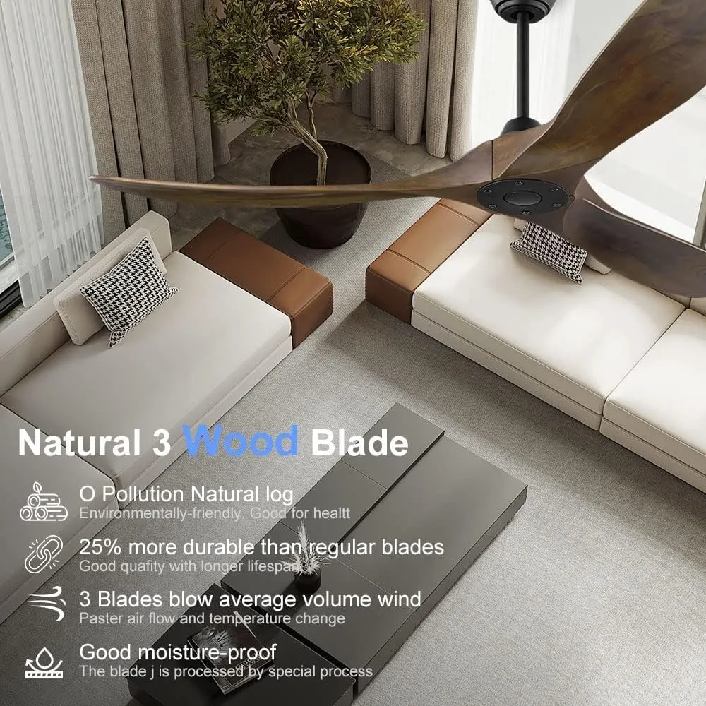 70'' Large Wood Ceiling Fan Without Light, Farmhouse Outdoor Ceiling Fans for Patio with Remote Reversible DC Motor, 3 Blade Solid Wood Propeller Ceiling Fan for Gazebo Porch