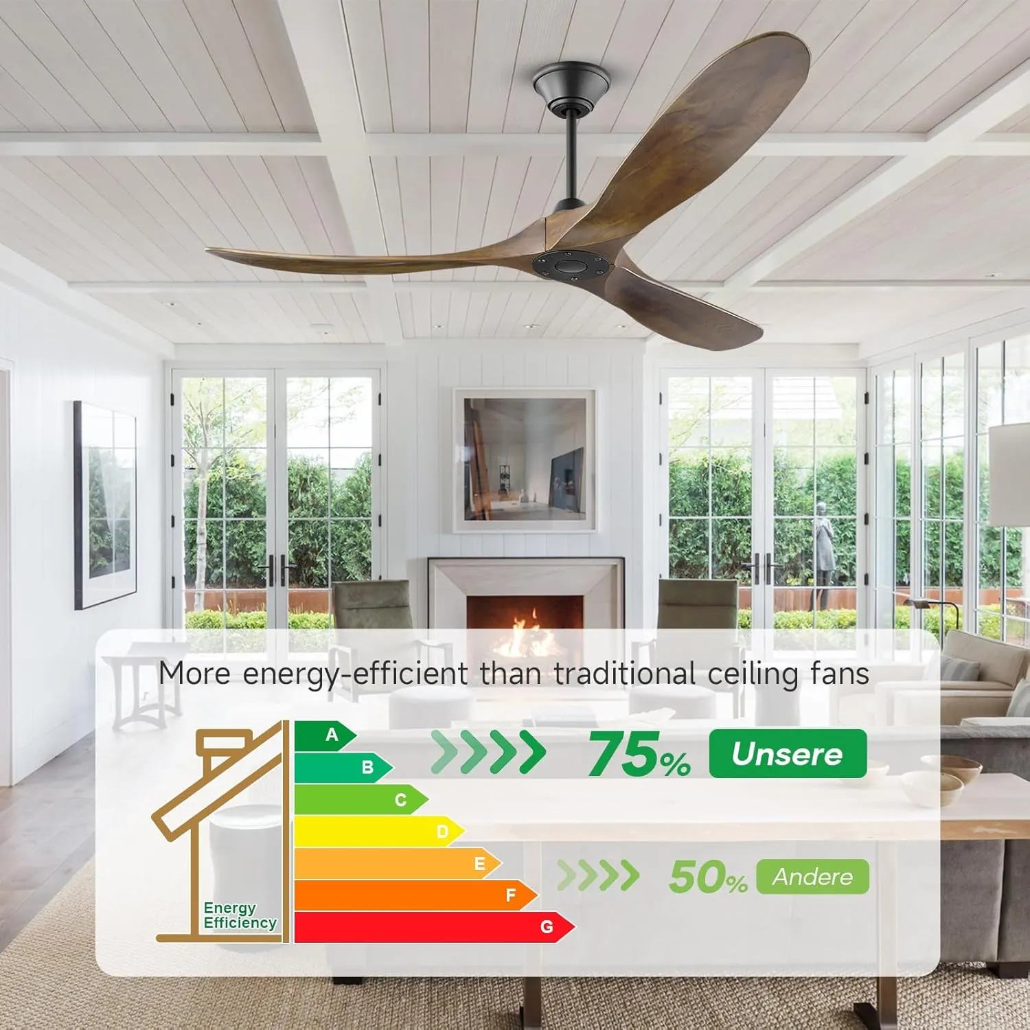 70'' Large Wood Ceiling Fan Without Light, Farmhouse Outdoor Ceiling Fans for Patio with Remote Reversible DC Motor, 3 Blade Solid Wood Propeller Ceiling Fan for Gazebo Porch