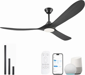 70 Inch Smart Ceiling Fan with Light, 3 Wood Blade Large Black Ceiling Fan with Light, Quiet Reversible DC Motor Ceiling Fan with Remote/Tuya App, Compatible with Alexa Google Home, Indoor & Outdoor App-controlled remote fan for convenience