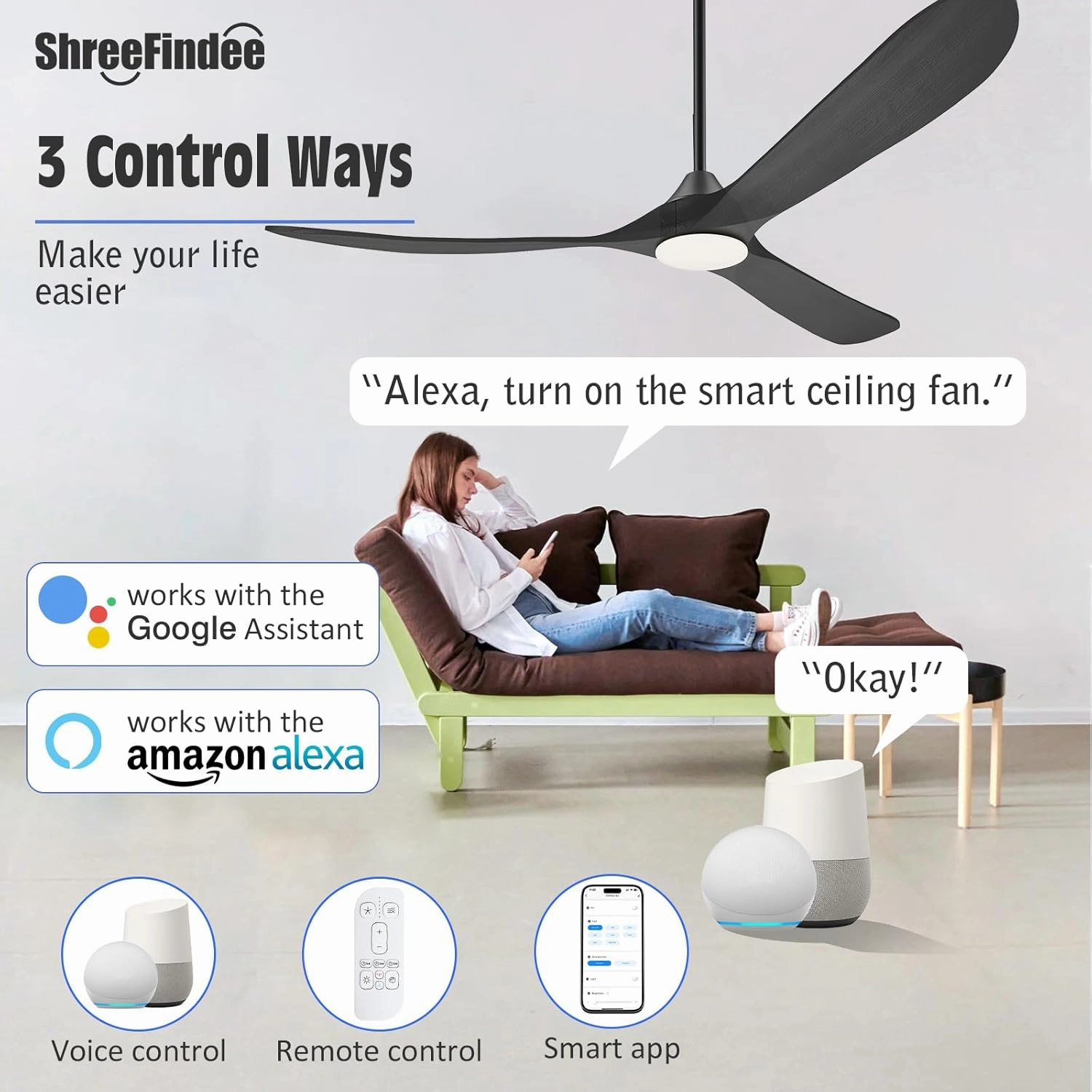 70 Inch Smart Ceiling Fan with Light, 3 Wood Blade Large Black Ceiling Fan with Light, Quiet Reversible DC Motor Ceiling Fan with Remote/Tuya App, Compatible with Alexa Google Home, Indoor & Outdoor