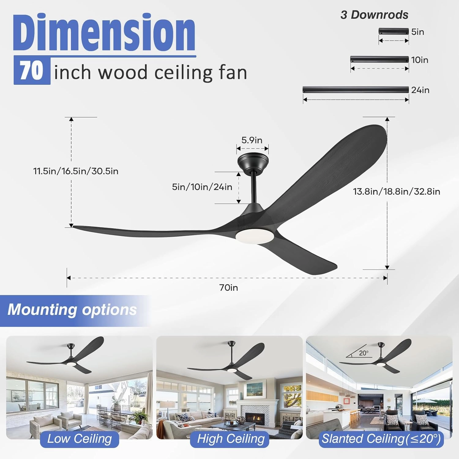 70 Inch Smart Ceiling Fan with Light, 3 Wood Blade Large Black Ceiling Fan with Light, Quiet Reversible DC Motor Ceiling Fan with Remote/Tuya App, Compatible with Alexa Google Home, Indoor & Outdoor