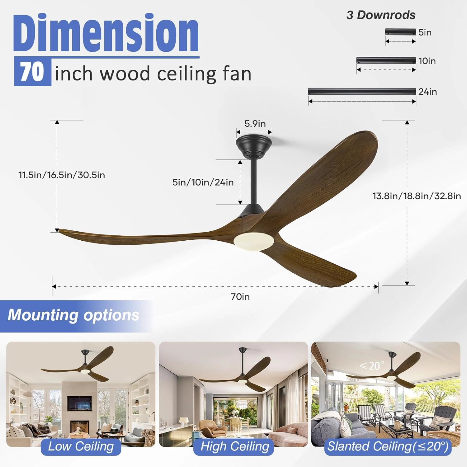 70 Inch Smart Ceiling Fan with Light, Large Farmhouse Ceiling Fans with Lights 3 Wood Blade Quiet Reversible DC Motor, Rustic Indoor Outdoor Ceiling Fans for Patios Porch, Remote/APP/Voice Control