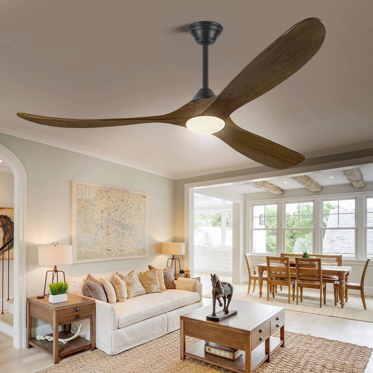 70 Inch Smart Ceiling Fan with Light, Large Farmhouse Ceiling Fans with Lights 3 Wood Blade Quiet Reversible DC Motor, Rustic Indoor Outdoor Ceiling Fans for Patios Porch, Remote/APP/Voice Control