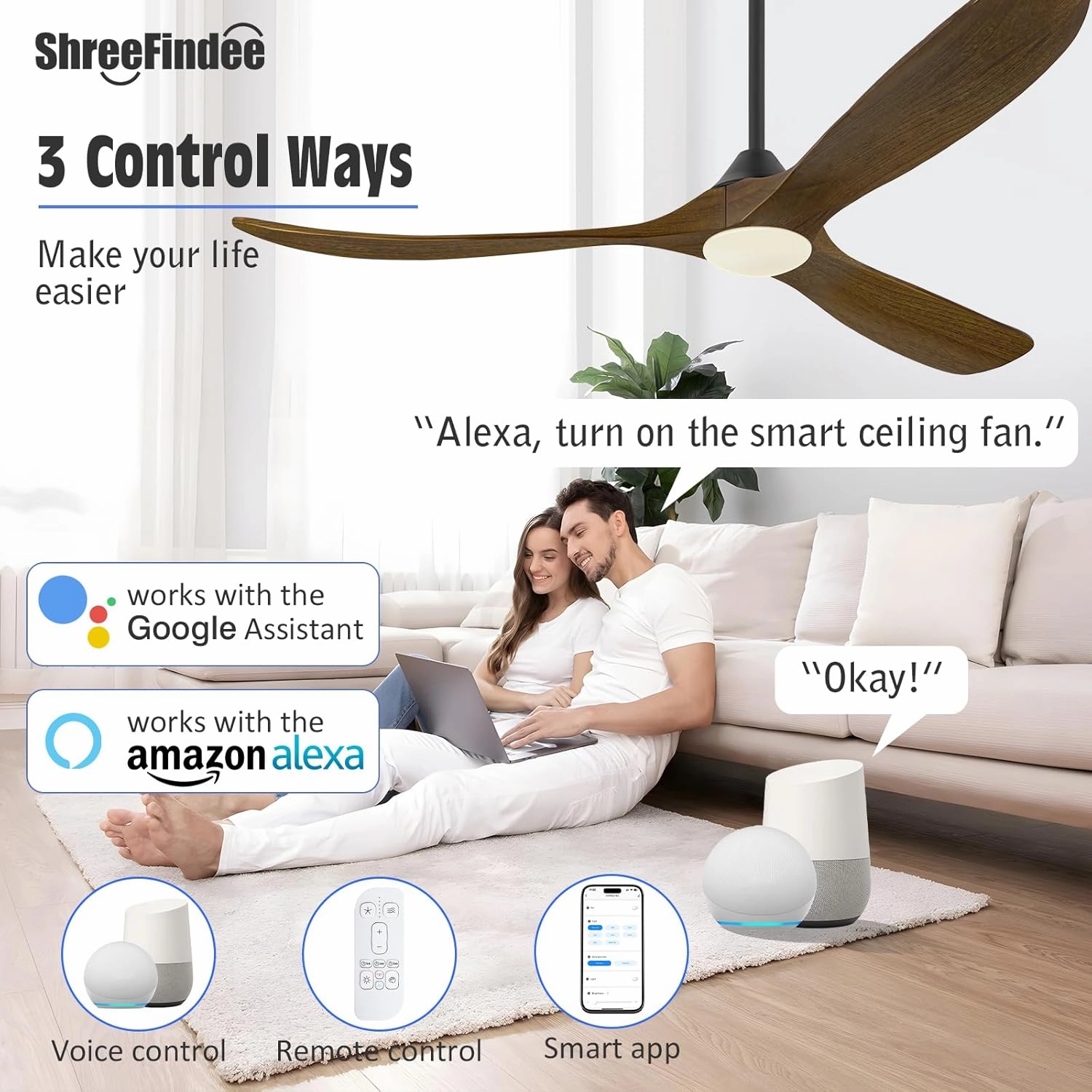 70 Inch Smart Ceiling Fan with Light, Large Farmhouse Ceiling Fans with Lights 3 Wood Blade Quiet Reversible DC Motor, Rustic Indoor Outdoor Ceiling Fans for Patios Porch, Remote/APP/Voice Control