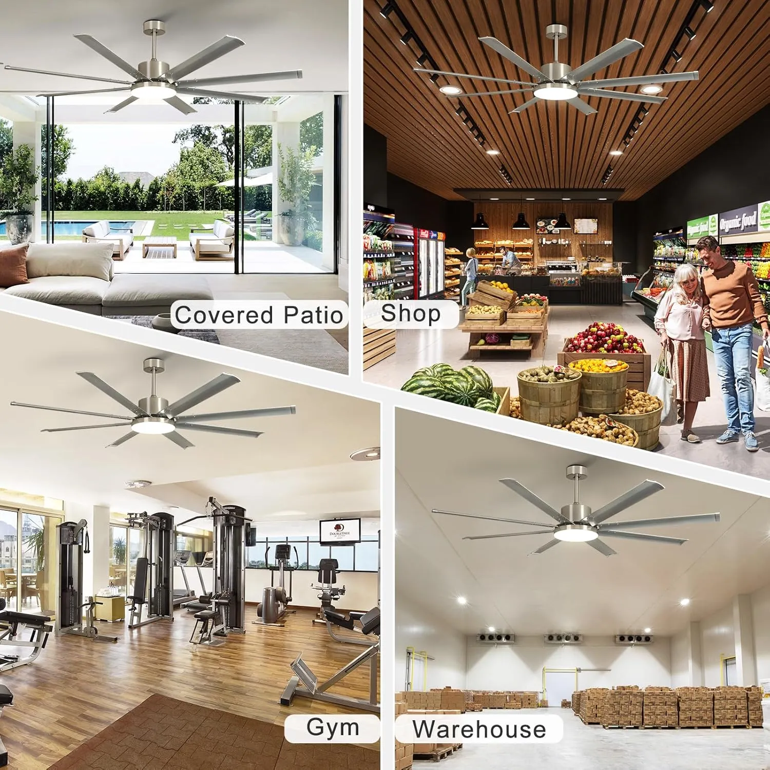 72 Inch Ceiling Fan with Light: Silver Large Fan Ceiling Fixture with Remote - 8 Aluminum Blades Modern Fan Light for Covered Outdoor Indoor Patio Living Room - 6 Speeds Silent DC Motor