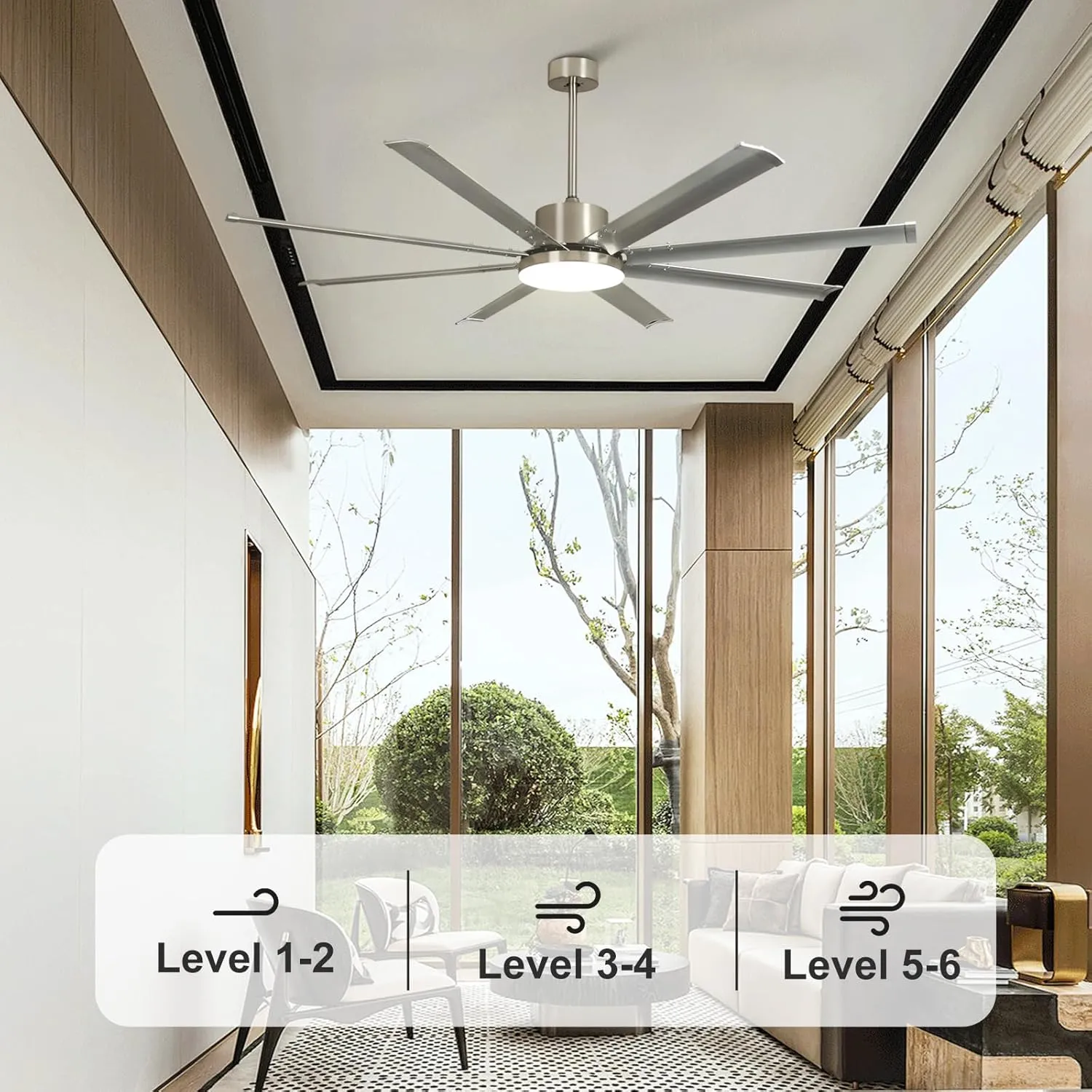 72 Inch Ceiling Fan with Light: Silver Large Fan Ceiling Fixture with Remote - 8 Aluminum Blades Modern Fan Light for Covered Outdoor Indoor Patio Living Room - 6 Speeds Silent DC Motor