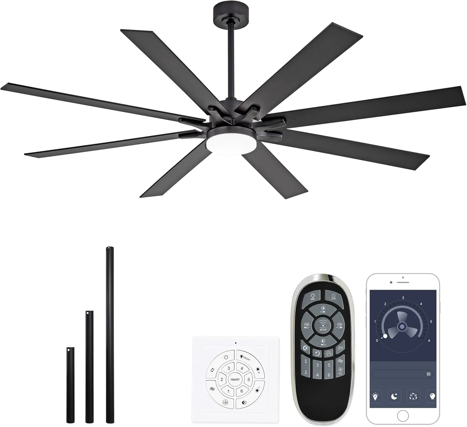 72 Inch Smart Ceiling Fan with Light  App Control /Wall Switch/Remote, High Velocity 6000 CFM, Quiet Reversible Motor, 8-Blade Industrial Design, 10"/15"/24" Downrod for High Ceilings (Black) App-controlled remote fan for convenience