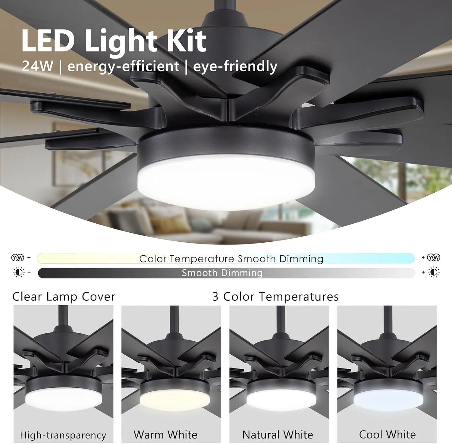 72 Inch Smart Ceiling Fan with Light  App Control /Wall Switch/Remote, High Velocity 6000 CFM, Quiet Reversible Motor, 8-Blade Industrial Design, 10"/15"/24" Downrod for High Ceilings (Black)