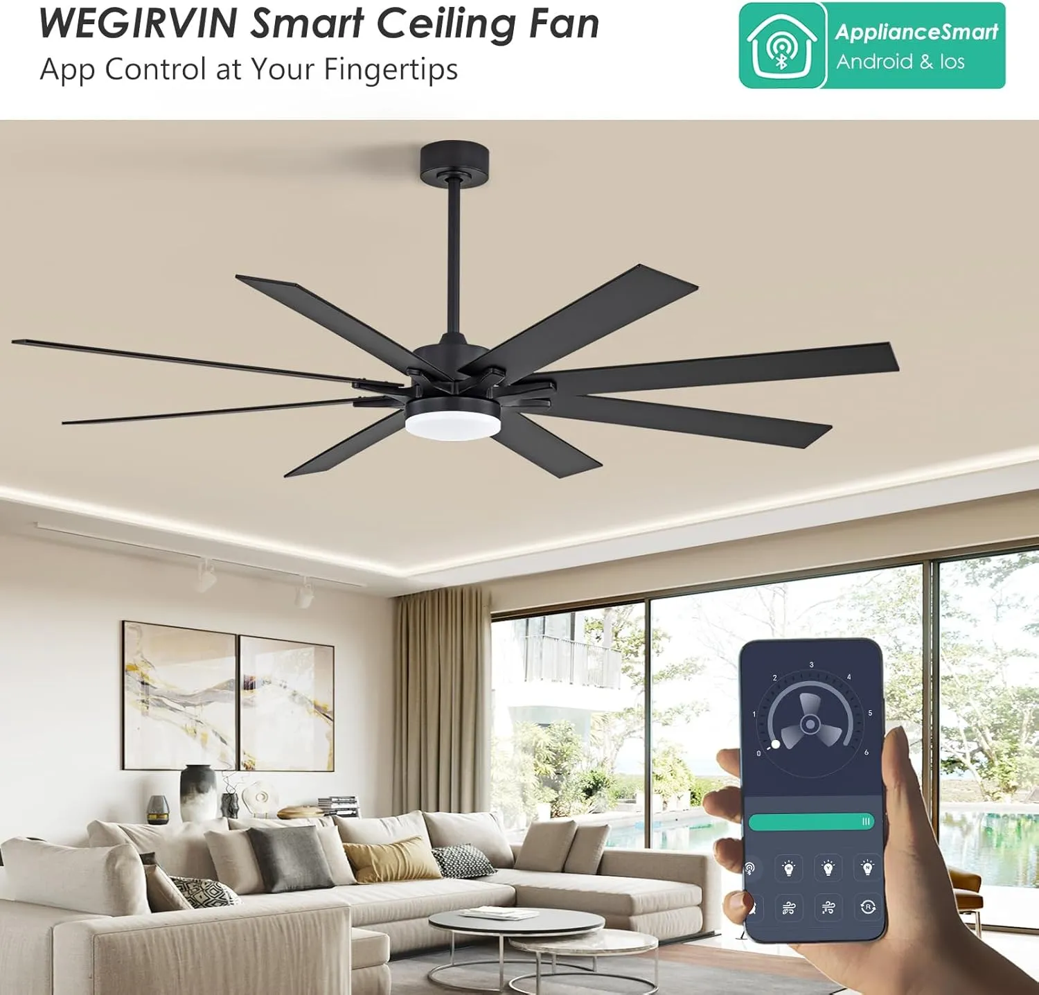 72 Inch Smart Ceiling Fan with Light  App Control /Wall Switch/Remote, High Velocity 6000 CFM, Quiet Reversible Motor, 8-Blade Industrial Design, 10"/15"/24" Downrod for High Ceilings (Black)