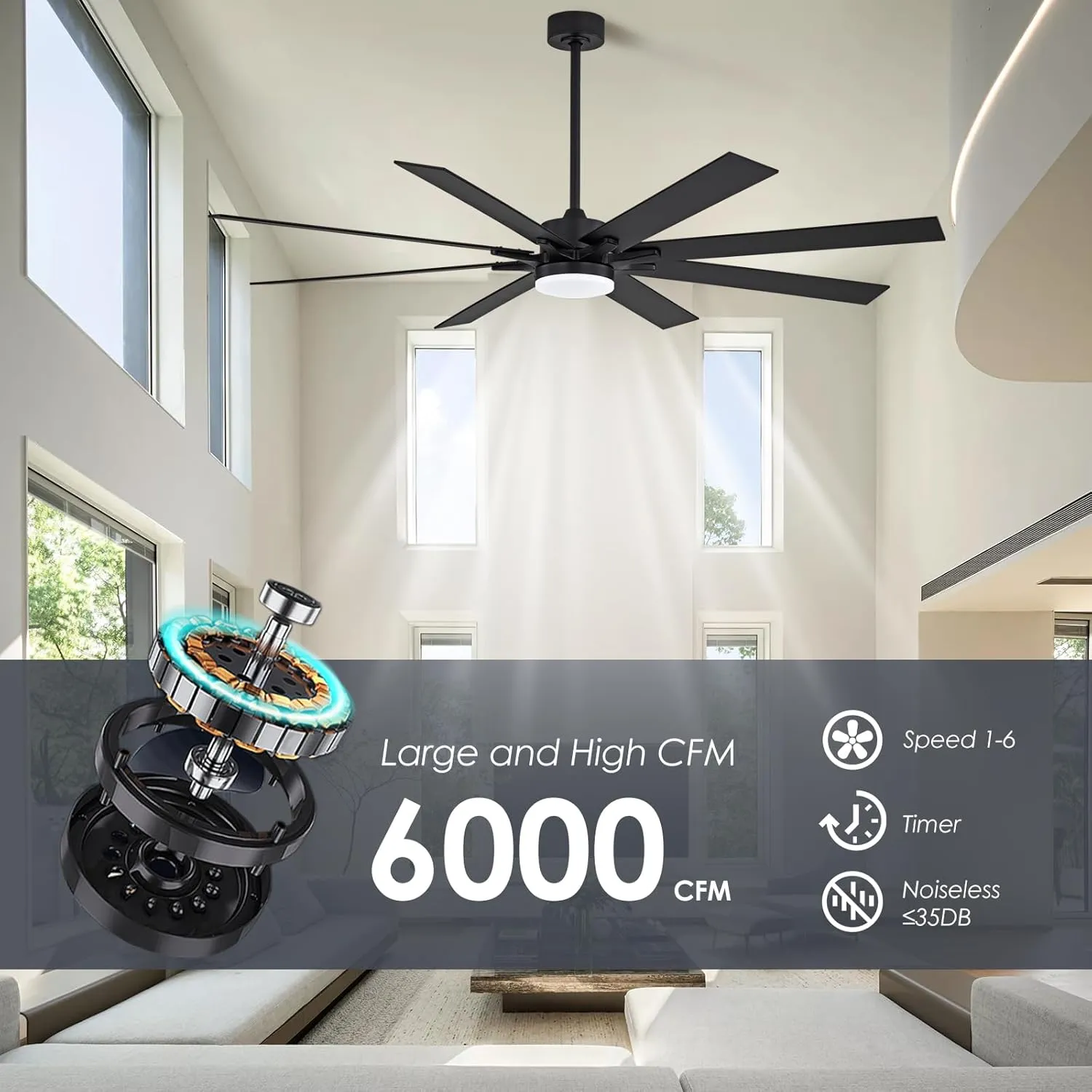 72 Inch Smart Ceiling Fan with Light  App Control /Wall Switch/Remote, High Velocity 6000 CFM, Quiet Reversible Motor, 8-Blade Industrial Design, 10"/15"/24" Downrod for High Ceilings (Black)