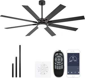 72 Inch Smart Ceiling Fan with Light  App Control /Wall Switch/Remote, High Velocity 6000 CFM, Quiet Reversible Motor, 8-Blade Industrial Design, 10"/15"/24" Downrod for High Ceilings (Black) App-controlled remote fan for convenience