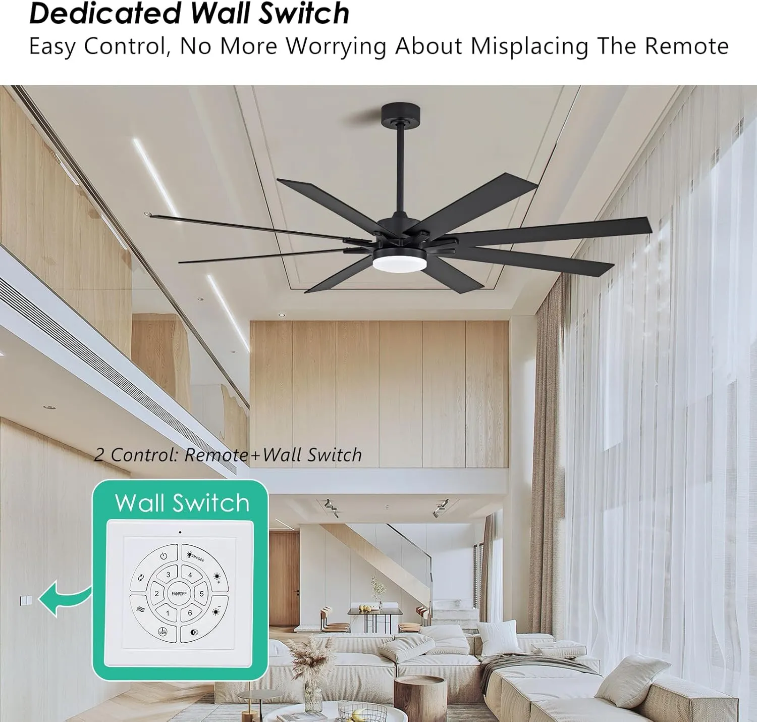 72 Inch Smart Ceiling Fan with Light  App Control /Wall Switch/Remote, High Velocity 6000 CFM, Quiet Reversible Motor, 8-Blade Industrial Design, 10"/15"/24" Downrod for High Ceilings (Black)