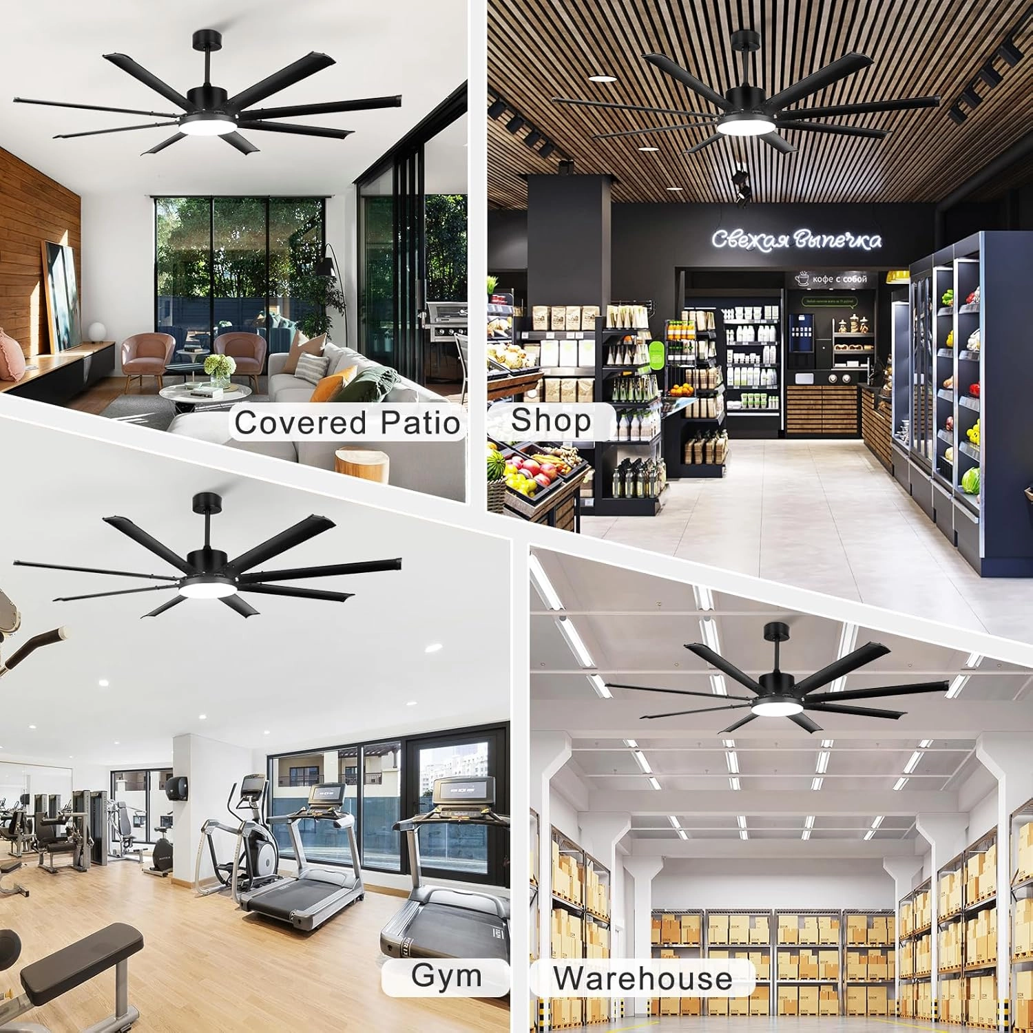 72 Inch Ceiling Fan: Large Black Fan Ceiling Light with Remote - 8 Aluminum Blades Modern Fan Light for Outdoor Covered Patio Garage Living Room Indoor - 6 Speeds 3 Color Change