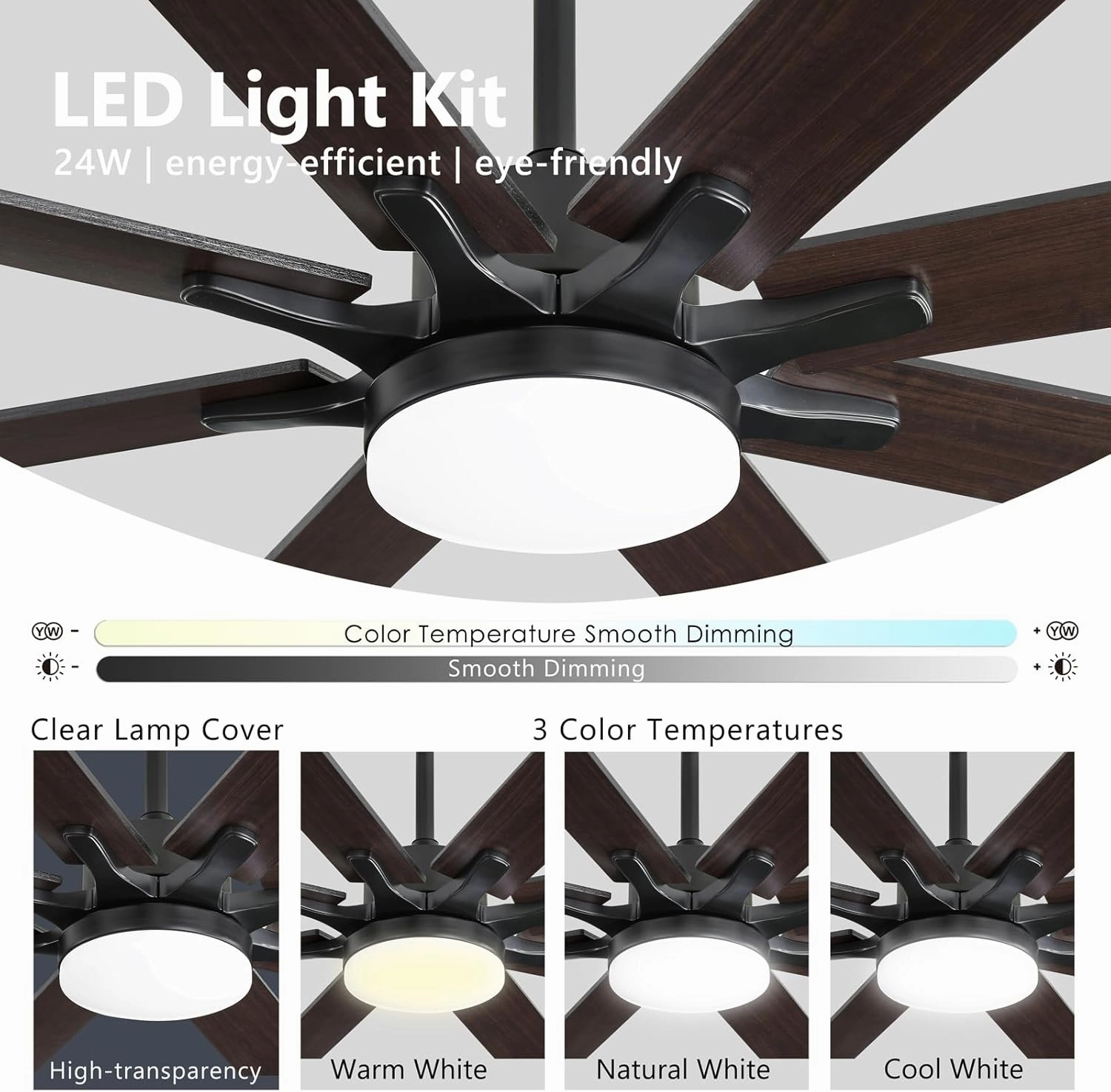 72 Inch Smart Ceiling Fan with Light  App Control /Wall Switch/Remote, High Velocity 6000 CFM, Quiet Reversible Motor, 8-Blade Industrial Design, 10"/15"/24" Downrod for High Ceilings (Black Walnut)