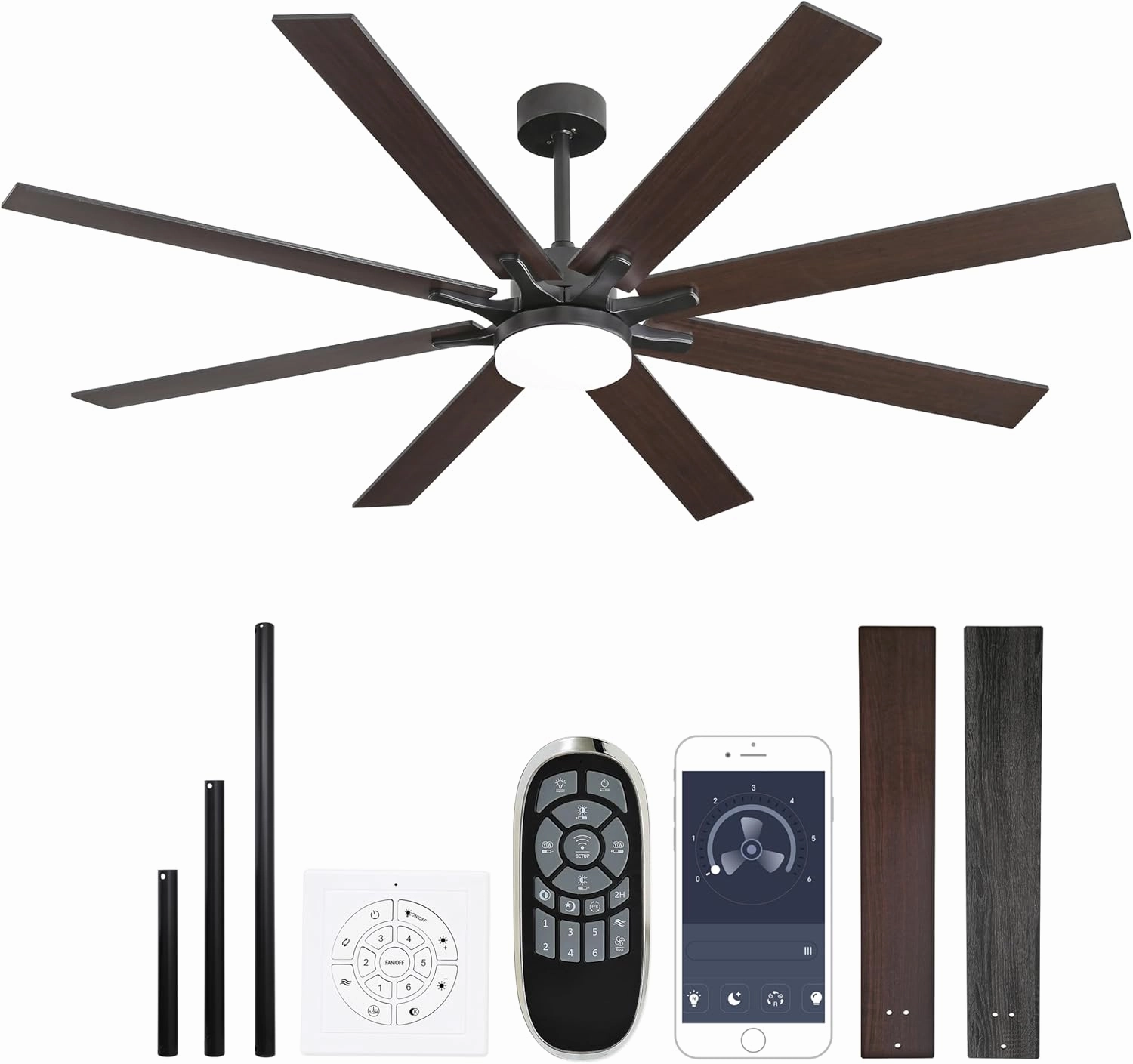 72 Inch Smart Ceiling Fan with Light  App Control /Wall Switch/Remote, High Velocity 6000 CFM, Quiet Reversible Motor, 8-Blade Industrial Design, 10"/15"/24" Downrod for High Ceilings (Black Walnut) App-controlled remote fan for convenience