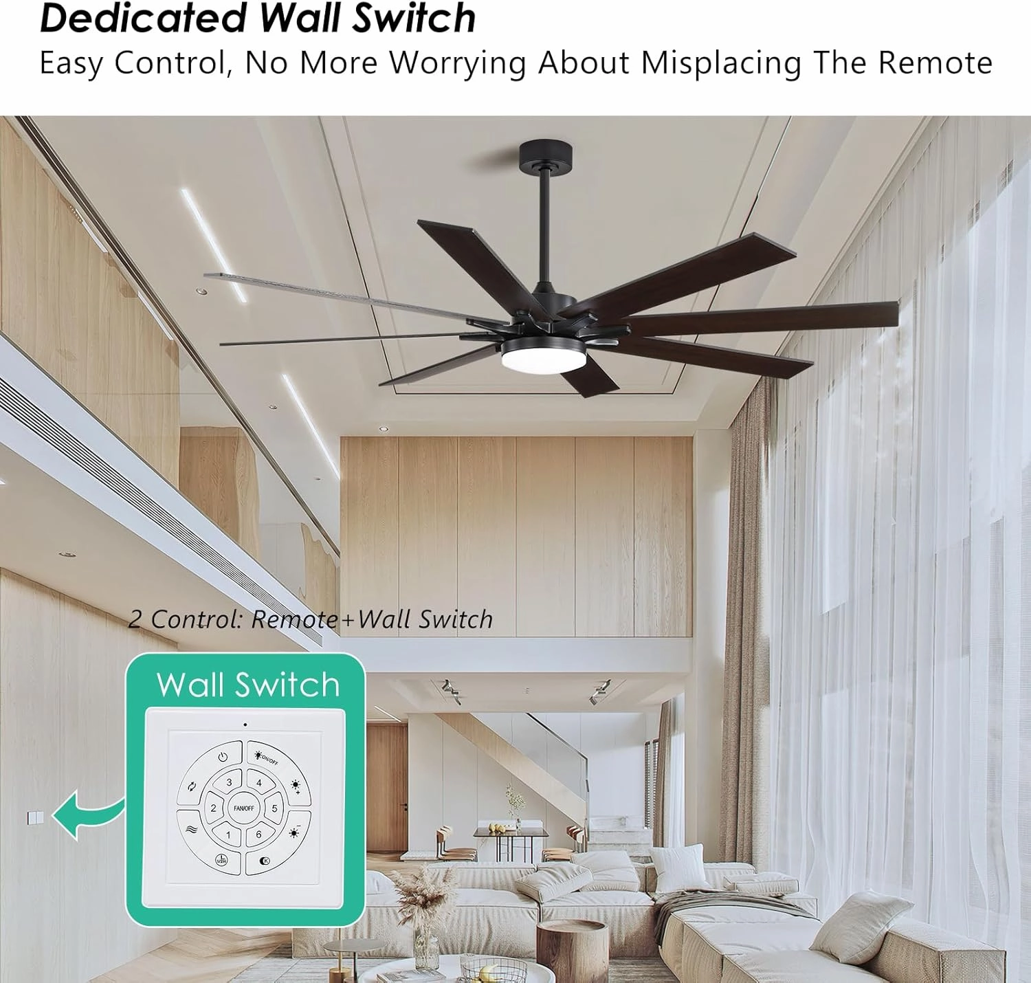 72 Inch Smart Ceiling Fan with Light  App Control /Wall Switch/Remote, High Velocity 6000 CFM, Quiet Reversible Motor, 8-Blade Industrial Design, 10"/15"/24" Downrod for High Ceilings (Black Walnut)