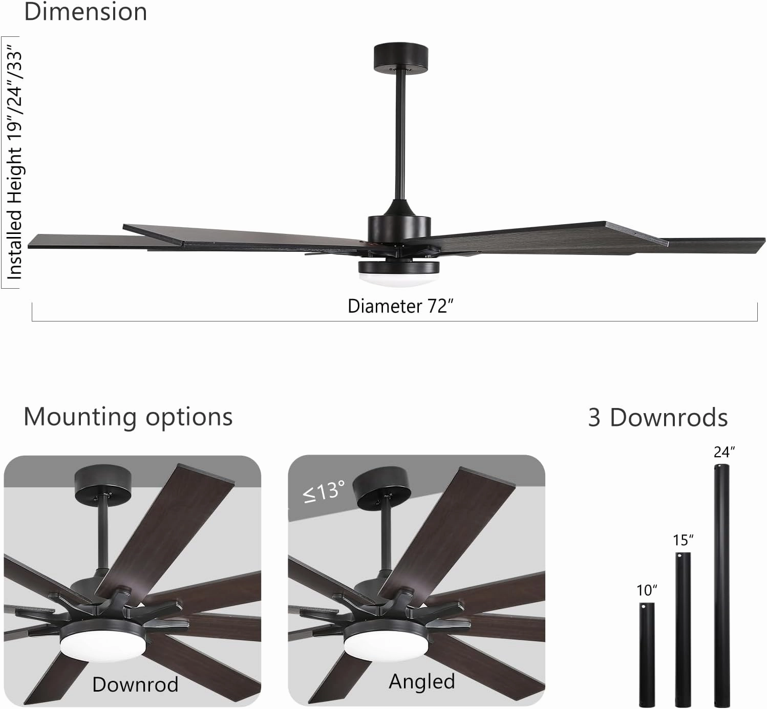 72 Inch Smart Ceiling Fan with Light  App Control /Wall Switch/Remote, High Velocity 6000 CFM, Quiet Reversible Motor, 8-Blade Industrial Design, 10"/15"/24" Downrod for High Ceilings (Black Walnut)